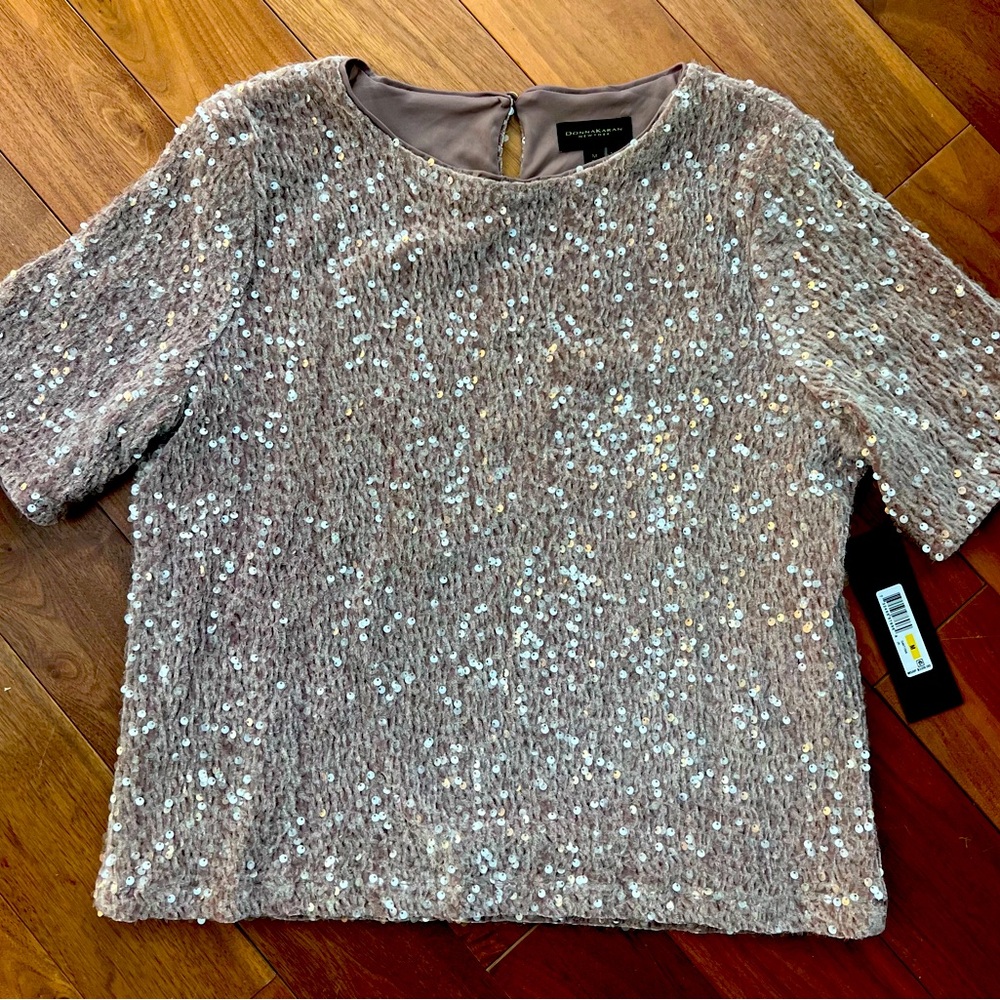 Donna Karan sequin top, size M, mink/clear sequins